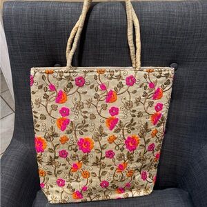 Floral Embroidered Tote Bag - Cream and Pink